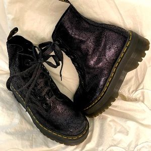 Dr. Marten Molly platform boot; black suede with metallic crackled sheen.